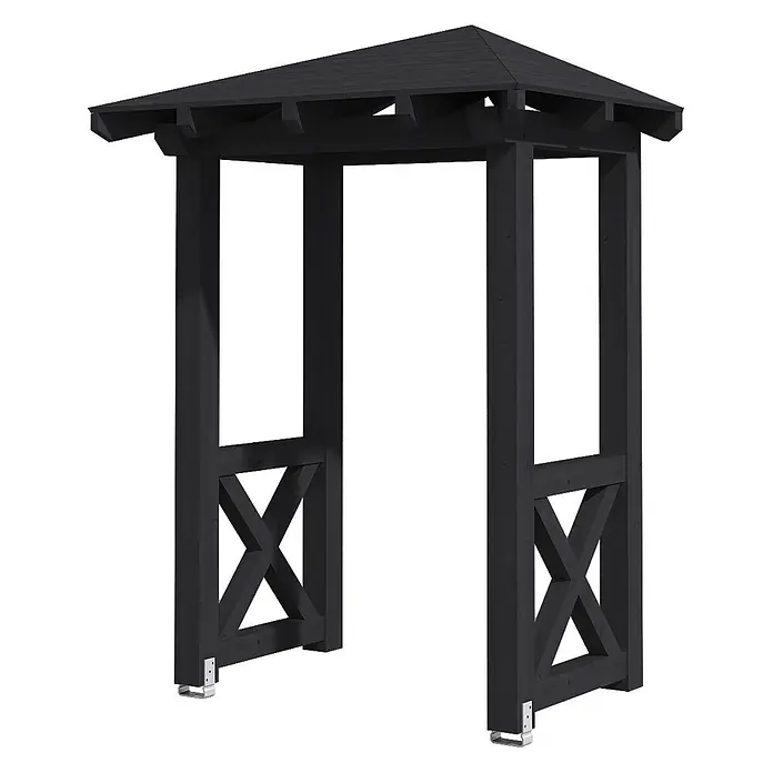 SKAN HOLZ Walmvordach Wesel 4 - 188 x 126 x 264 cm - Schwarze Holzgartenlaube mit Schrägdach und X-förmigen Seitenpaneelen, mit Metallhalterungen am Sockel.