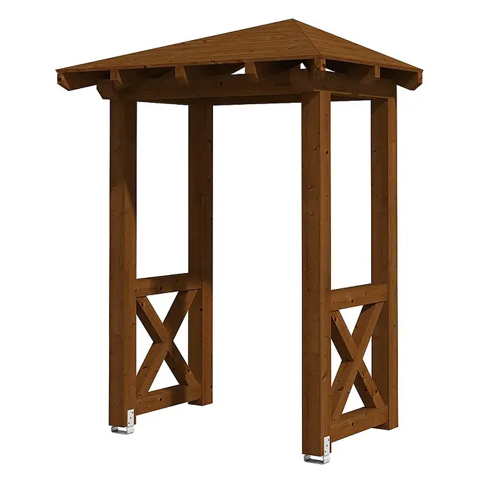 SKAN HOLZ Walmvordach Wesel 4 - 188 x 126 x 264 cm - Brauner Holzbogen mit Spitzdach und dekorativen X-Streben an den unteren Pfosten, verankert mit Metallhaltern.