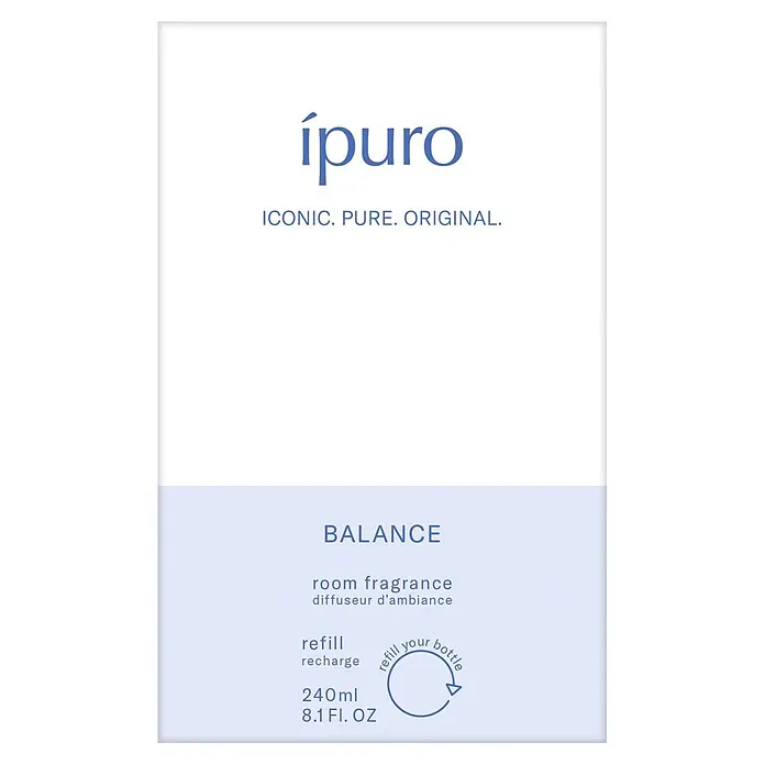 Ipuro Classic Raumduft Refill - Balance, 240 ml - Weiß-blaues ípuro Raumduft-Nachfüll-Etikett, Duft BALANCE, 240ml, mit "refill your bottle" Symbol.