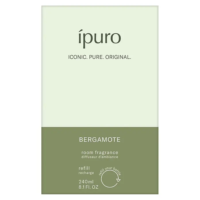 Ipuro Classic Raumduft Refill - Bergamotte, 240 ml - Ipuro Bergamotte Raumduft Nachfüllpackungs-Etikett. Grünes Design mit Marke, Duft, Volumen und Nachfüll-Symbol.