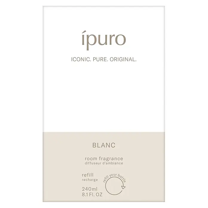 Ipuro Classic Raumduft Refill - Blanc, 240 ml - ípuro BLANC Raumduft Nachfüllpack-Etikett, 240ml. Mit Slogan 'ICONIC. PURE. ORIGINAL.' und 'refill your bottle' Logo.