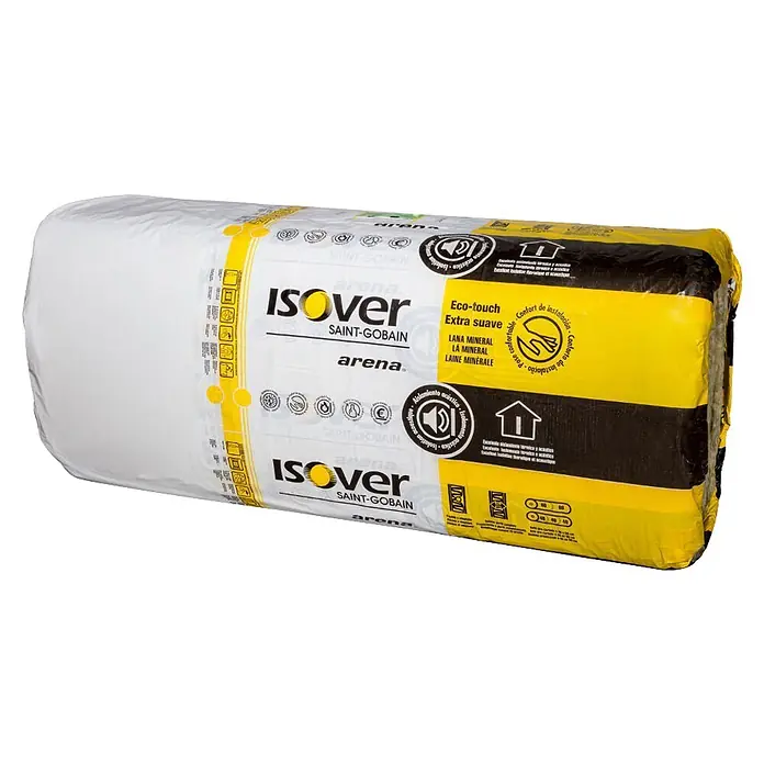 Isover Lana de vidrio arena APTA - L x An x Es: 1,35 m x 0,4 m x 65 mm - Rollo de aislamiento de lana mineral en embalaje de plástico blanco y amarillo con marca 'Isover Saint-Gobain' para aislamiento térmico y acústico.