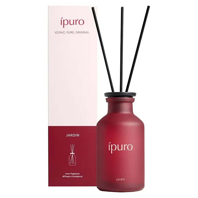 Ipuro Classic Raumduft - Jardin, 240 ml - ípuro roter mattierter Glasdiffusor 'Jardin' mit schwarzen Stäbchen und passender rot-weißer Verpackung.