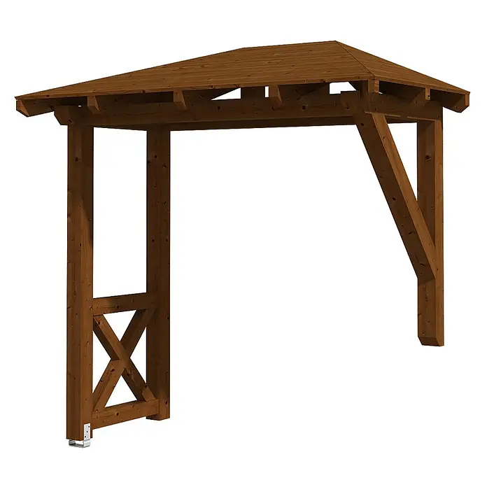 SKAN HOLZ Walmvordach Wismar 3 - 258 x 126 x 264 cm - Dunkelbraune Holzpergola mit schrägem Dach und stabilen Stützen.