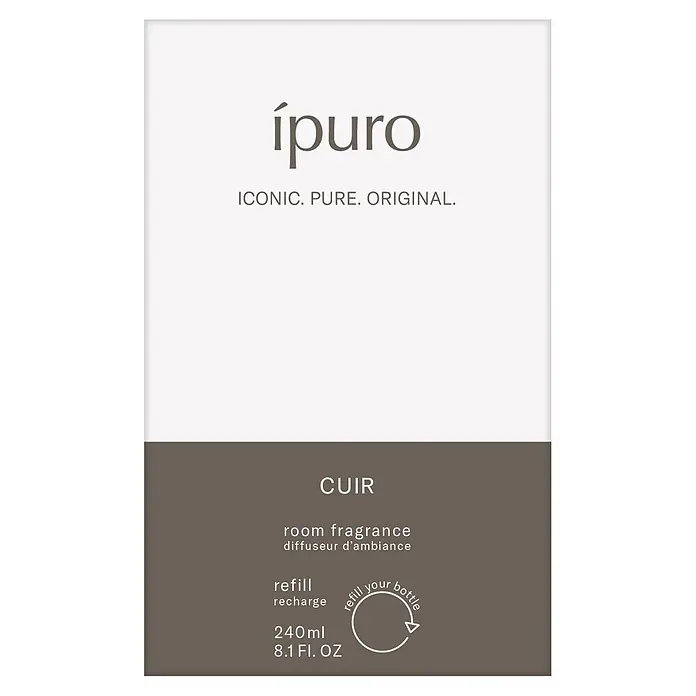 Ipuro Classic Raumduft Refill - Cuir, 240 ml - ípuro Cuir 240ml Raumduft Nachfüllpackung Etikett in Weiß und Braun mit Text.