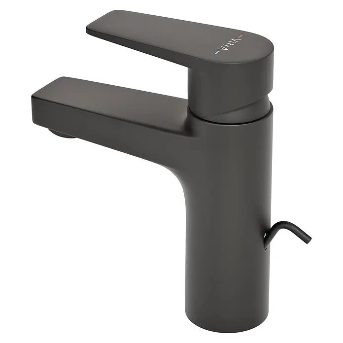 VitrA Flow Square Waschtischarmatur - Schwarz, Matt, Höhe: 15,6 cm, Mit Zugstange - Mattschwarze Einhebelarmatur mit Vitra-Branding, Heiß-/Kaltanzeigen und Zugstange für Ablaufgarnitur.