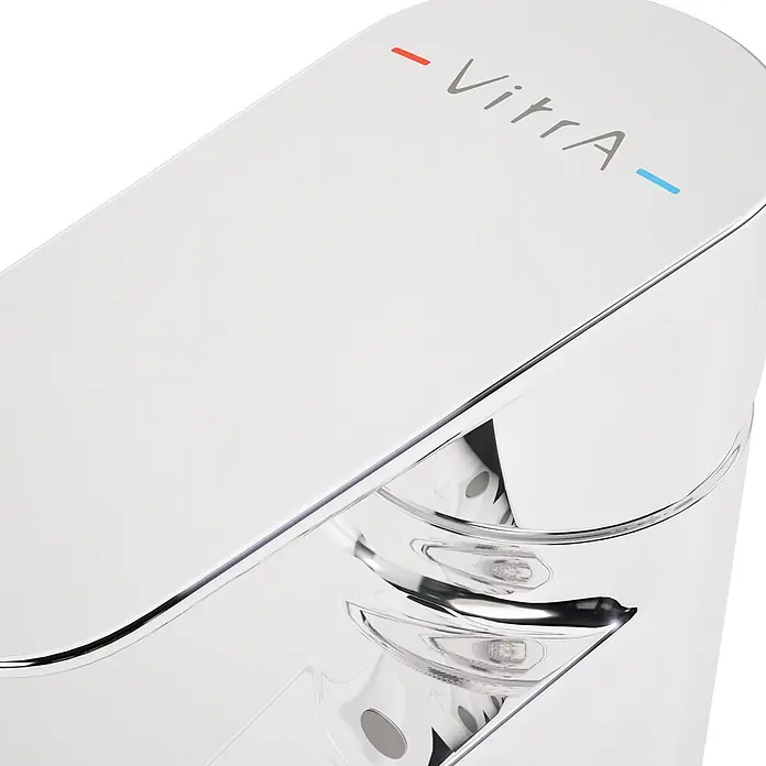 VitrA Flow Soft Waschtischarmatur - Höhe: 29,3 cm, Ohne Zugstange, Chrom - Moderner Chromwasserhahn mit 'VitrA'-Logo und roten/blauen Anzeigen.