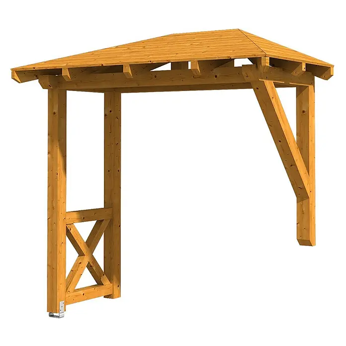 SKAN HOLZ Walmvordach Wismar 3 - 258 x 126 x 264 cm - Hölzerne Gartenpergola mit Walmdach, einem Pfosten mit Kreuzstreben und einer angewinkelten Stütze.