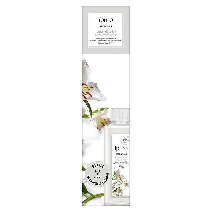 Ipuro Essentials Raumduft Refill - White Lily, 200 ml - ipuro Weißlilie Raumerfrischer Nachfüllflasche (200ml) mit 7 Stäbchen. Flasche aus 100% recyceltem Kunststoff.