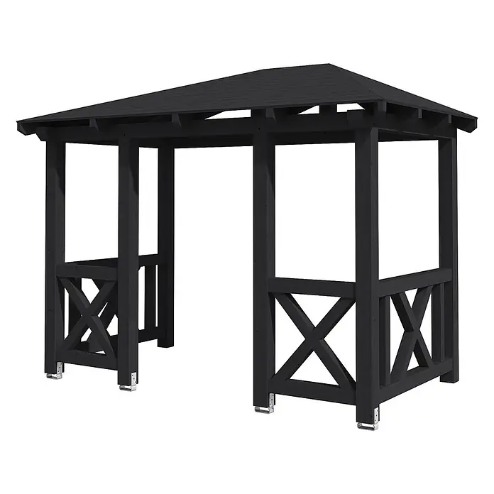 SKAN HOLZ Walmvordach Wismar 7 - 351 x 187 x 282 cm - Schwarzes Holzpavillon mit dunklem Dach und seitlichen X-Streben, auf Metallfüßen.