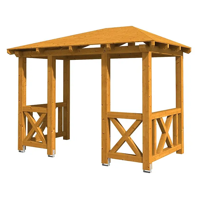 SKAN HOLZ Walmvordach Wismar 7 - 351 x 187 x 282 cm - Hellbrauner Holzpavillon mit Spitzdach und dekorativen Kreuzstreben. Mit Metallanker für Stabilität.