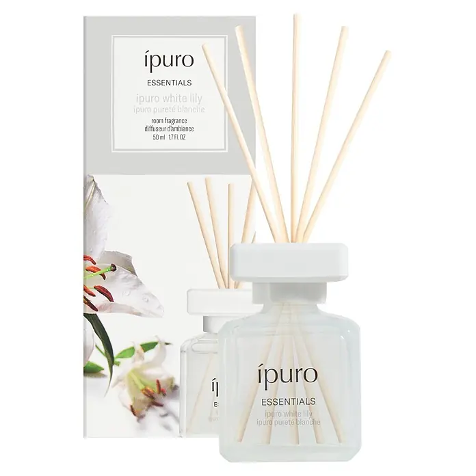 Ipuro Essentials Raumduft - White Lily, 50 ml - ipuro White Lily Raumduft-Diffusor mit Stäbchen und Verpackung, klares Glasfläschchen, weißer Deckel, weiße/graue Schachtel.