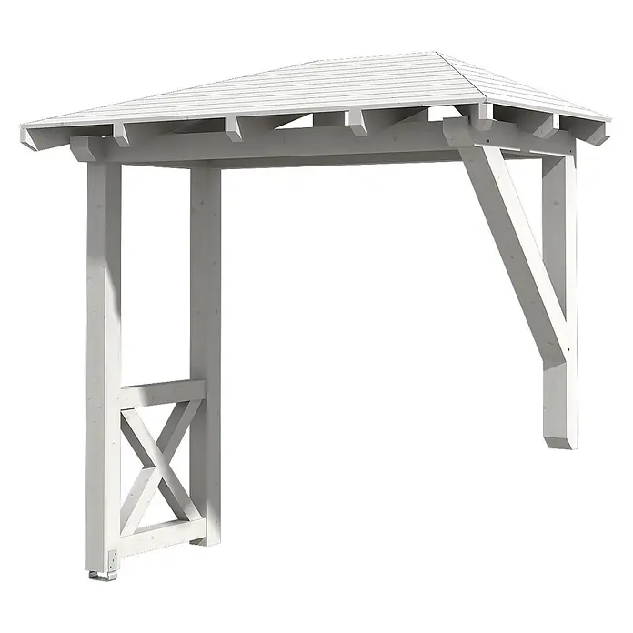 SKAN HOLZ Walmvordach Wismar 3 - 258 x 126 x 264 cm - Weißes Holz-Pergola-Tor mit Walmdach, einem Standbein mit Kreuzstrebe und einem kurzen Bein mit Diagonalstrebe.