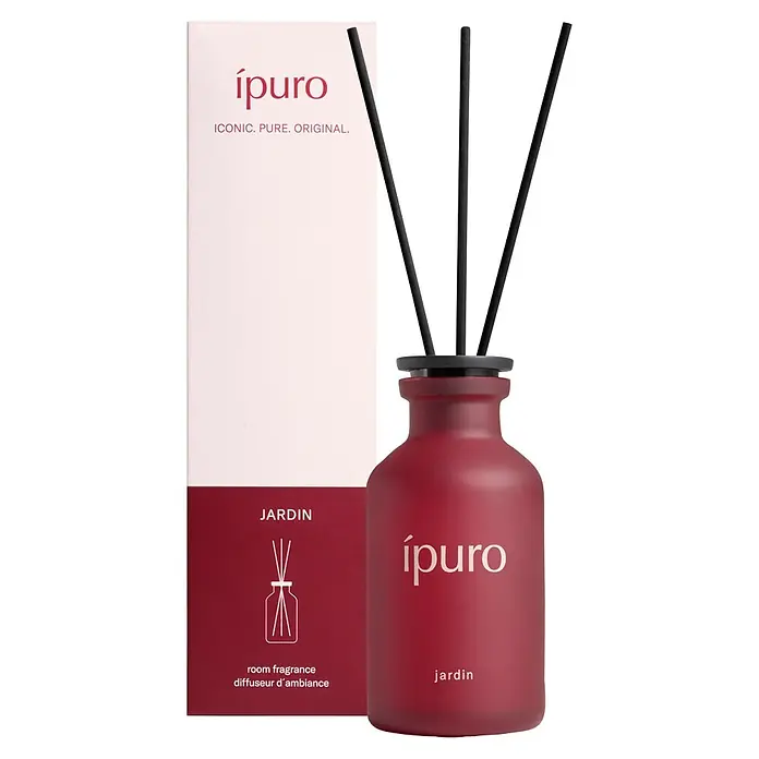 Ipuro Classic Raumduft - Jardin, 75 ml - Roter Raumduftdiffusor mit schwarzen Stäbchen und passender rot-weißer Verpackungsbox.