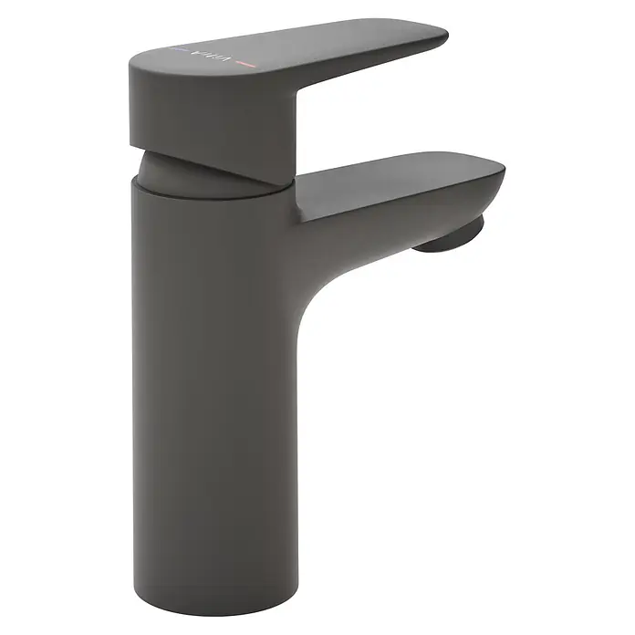 VitrA Flow Soft Waschtischarmatur - Schwarz, Höhe: 15 cm, Ohne Zugstange - Vitra matt dunkelgrauer Einhebelmischer mit Heiß- und Kaltwasseranzeigen.