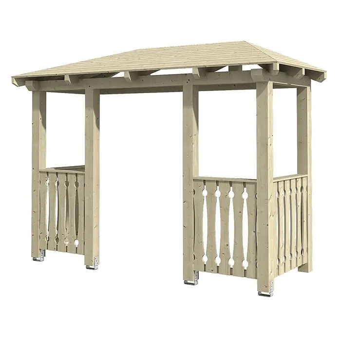 SKAN HOLZ Walmvordach Wismar 6 - 351 x 134 x 266 cm - Heller Holz-Gartenbogen mit Walmdach und dekorativen Balustradenseiten.