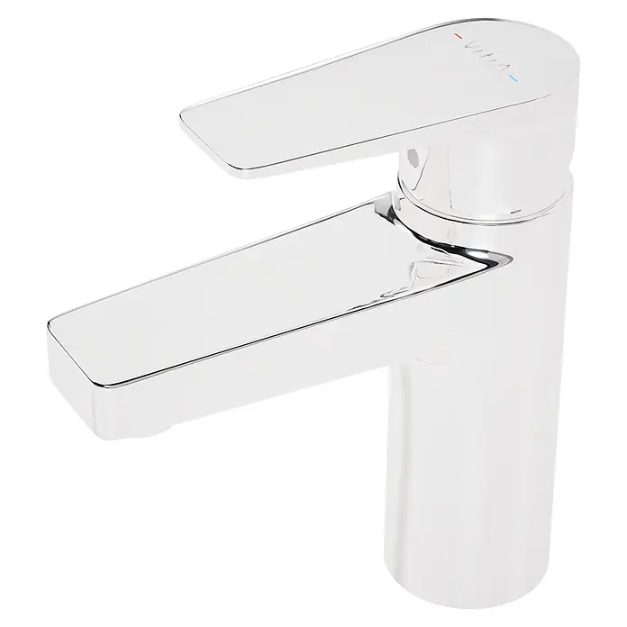 VitrA Flow Square Waschtischarmatur - Chrom, Glänzend - Ein moderner, glänzender Einhebelmischer aus Chrom mit rechteckigem Auslauf und Griff, versehen mit roten und blauen Temperaturanzeigen und dem 'Vitra'-Logo.
