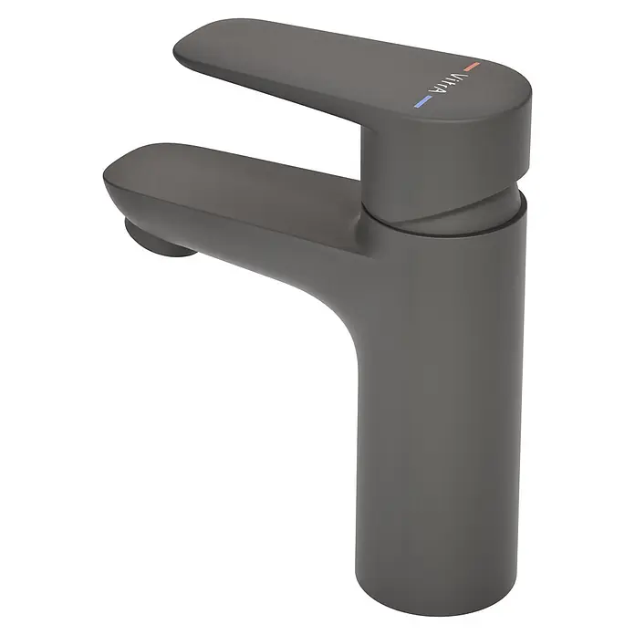 VitrA Flow Soft Waschtischarmatur - Schwarz, Höhe: 15 cm, Ohne Zugstange - Moderner dunkelgrauer matter Badarmatur mit Vitra-Branding und Temperaturanzeigen.