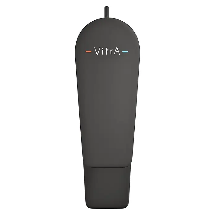 VitrA Flow Square Waschtischarmatur - Schwarz, Matt, Höhe: 15,6 cm, Mit Zugstange - Kompakter, dunkelgrauer, matter Handbrause mit VitrA-Logo und farbigen Linienakzenten.