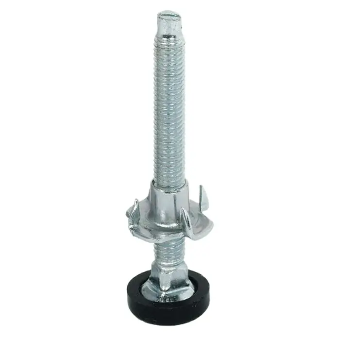 Suki Tornillo regulable con tuerca - Largo: 45 mm, M 8 - Primer plano de una pata de mueble ajustable con rosca y pie de goma negra, diseñada para diversos muebles.