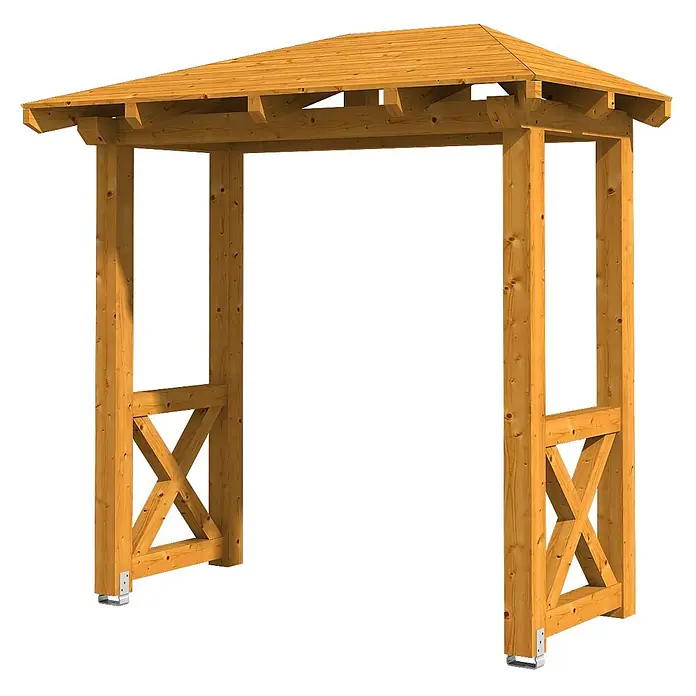 SKAN HOLZ Walmvordach Wismar 4 - 258 x 126 x 264 cm - Hellbraune Holz-Gartenpergola mit sechseckigem Dach und gekreuzten Seitenpaneelen auf Metallfüßen.