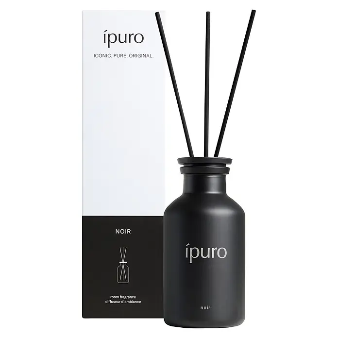 Ipuro Classic Raumduft - Noir, 240 ml - Schwarzer matter Raumduft-Diffusor mit Stäbchen und passender weiß-schwarzer Produktverpackung.