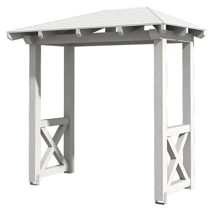 SKAN HOLZ Walmvordach Wismar 4 - 258 x 126 x 264 cm - Weiße Holzpergola mit spitzem Dach und kreuzverstrebten Pfosten auf Metallfüßen.