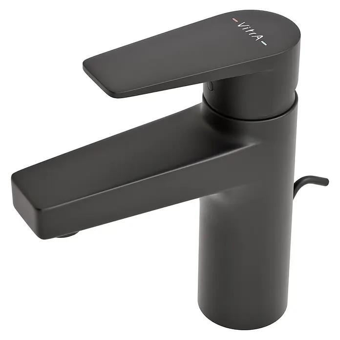VitrA Flow Square Waschtischarmatur - Schwarz, Matt, Höhe: 15,6 cm, Mit Zugstange - Mattschwarze Einhebel-Waschtischarmatur mit VitrA-Logo.