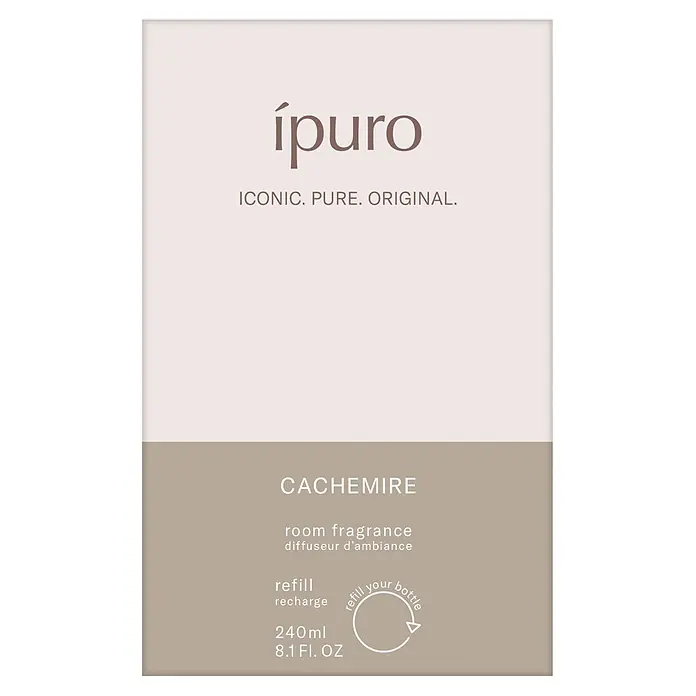 Ipuro Classic Raumduft Refill - Cashmere, 240 ml - ípuro CACHEMIRE Raumerfrischer-Nachfüllpackung Etikett. Zweifarbig beige und taupe mit Marke, Duft und Nachfüll-Logo, 240ml.