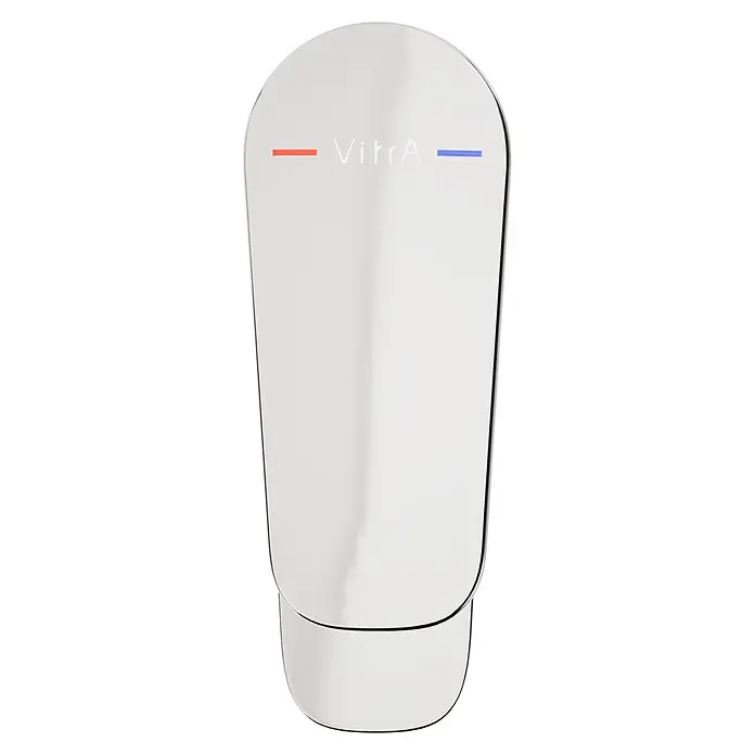 VitrA Flow Soft Waschtischarmatur - Chrom, Höhe: 15 cm, Ohne Zugstange - Polierter Chrom-Wasserhahn-Mischer mit VitrA-Logo, rot-blauen Temperaturanzeigen.