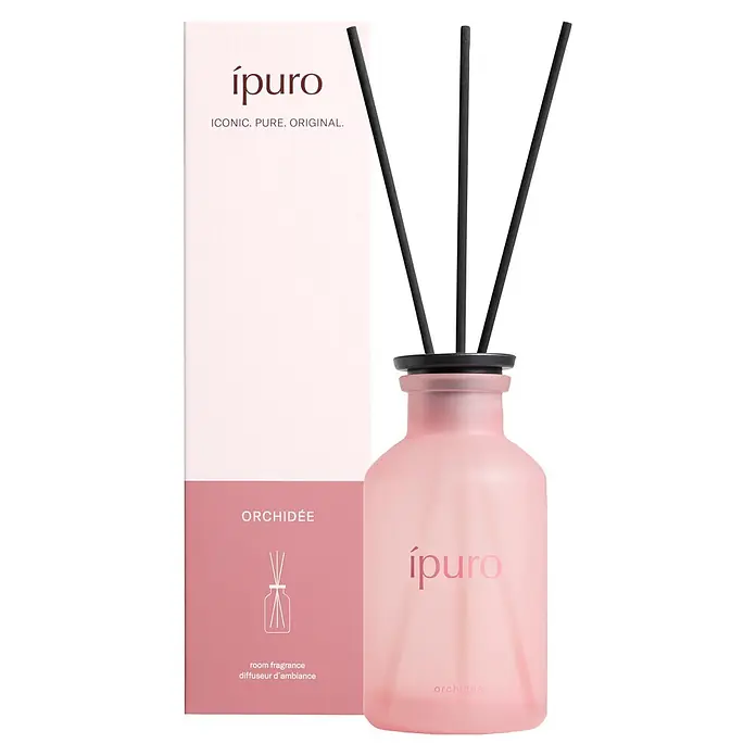 Ipuro Classic Raumduft - Orchidee, 240 ml - iPuro Orchidée Raumduft-Diffusor mit rosa matter Flasche, schwarzen Stäbchen und passender Verpackung.