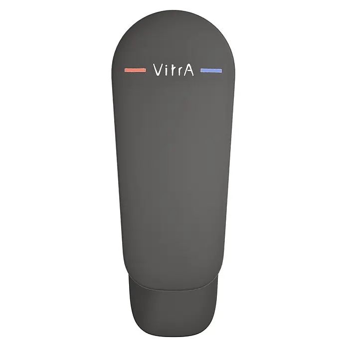 VitrA Flow Soft Waschtischarmatur - Schwarz, Höhe: 15 cm, Ohne Zugstange - Dunkelgraue VitrA Spülplatte mit weißem Logo, roten und blauen Anzeigelinien.