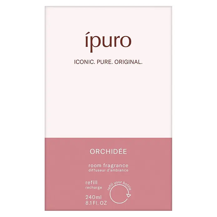 Ipuro Classic Raumduft Refill - Orchidee, 240 ml - Etikett für Ípuro Orchidée Raumduft-Nachfüllung, 240ml, mit weißem oberen und rosa unteren Bereich.