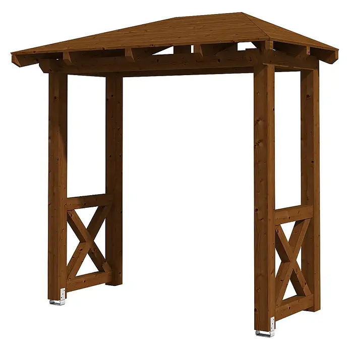 SKAN HOLZ Walmvordach Wismar 4 - 258 x 126 x 264 cm - Dunkelbraune Holz-Gartenlaube mit Walmdach und X-förmigen Seitenstreben, inklusive Metallpfostenankern.