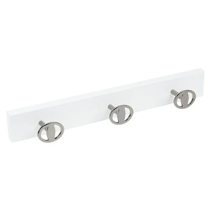 Nesu Perchero 9013 - L x An x Al: 485 x 5 x 55 cm, Madera, Blanco/Niquel, 3 Pomos - Perchero con tres ganchos metálicos y madera blanca, diseño moderno para recibidor o baño. Solución de almacenamiento práctica y elegante.