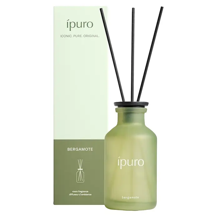 Ipuro Classic Raumduft - Bergamotte, 240 ml - ípuro Bergamote Raumduft-Diffusor: grüne mattierte Flasche mit schwarzen Stäbchen und passender Box.