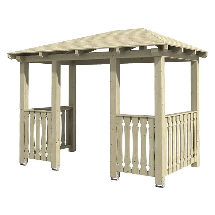 SKAN HOLZ Walmvordach Wismar 8 - 351 x 187 x 282 cm - Heller Holzpavillon mit Lamellendach und dekorativen halbhohen Geländern, ideal für Gartenschatten.