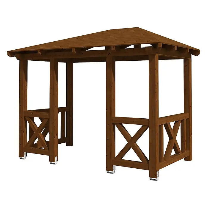 SKAN HOLZ Walmvordach Wismar 7 - 351 x 187 x 282 cm - Dunkelbrauner Holzpavillon mit Spitzdach und dekorativen X-förmigen Seitenverkleidungen, auf Metallfüßen stehend.