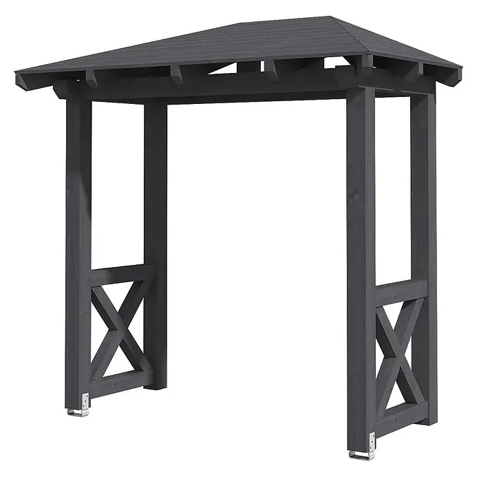 SKAN HOLZ Walmvordach Wismar 4 - 258 x 126 x 264 cm - Dunkelgraue Holzpergola mit Walmdach und X-förmigen Seitenstreben, mit Metallfüßen.