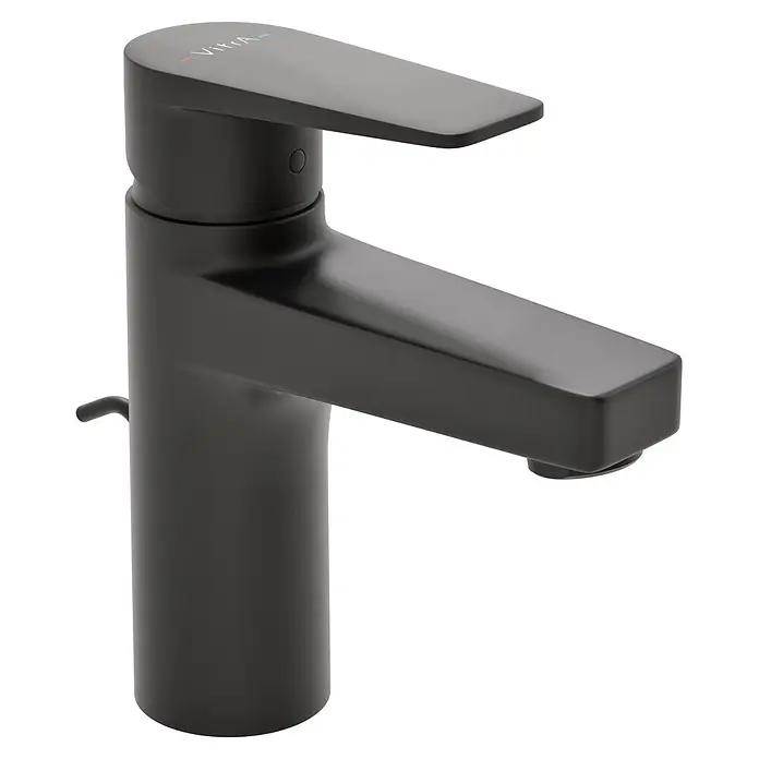 VitrA Flow Square Waschtischarmatur - Schwarz, Matt, Höhe: 15,6 cm, Mit Zugstange - Mattschwarze Einhebel-Waschtischarmatur mit rechteckigem Auslauf und Zugstange für Ablaufgarnitur. Modernes Design mit „Vitra“-Branding.