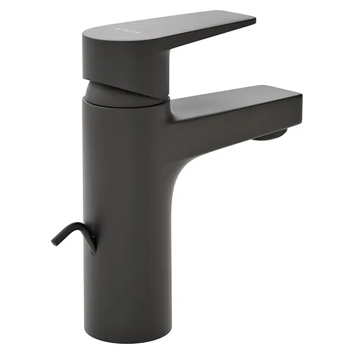 VitrA Flow Square Waschtischarmatur - Schwarz, Matt, Höhe: 15,6 cm, Mit Zugstange - Mattschwarze moderne Einhebel-Waschtischarmatur mit integrierter Ablaufgarnitur an der Seite.