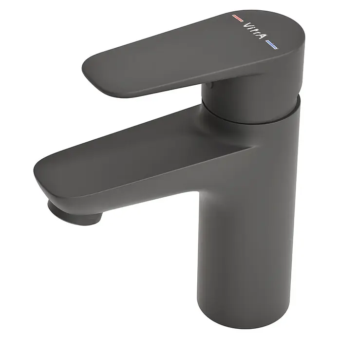 VitrA Flow Soft Waschtischarmatur - Schwarz, Höhe: 15 cm, Ohne Zugstange - Dunkelgraue matte Armatur mit integriertem Griff und roten/blauen Temperaturanzeigen. Marke VitrA.