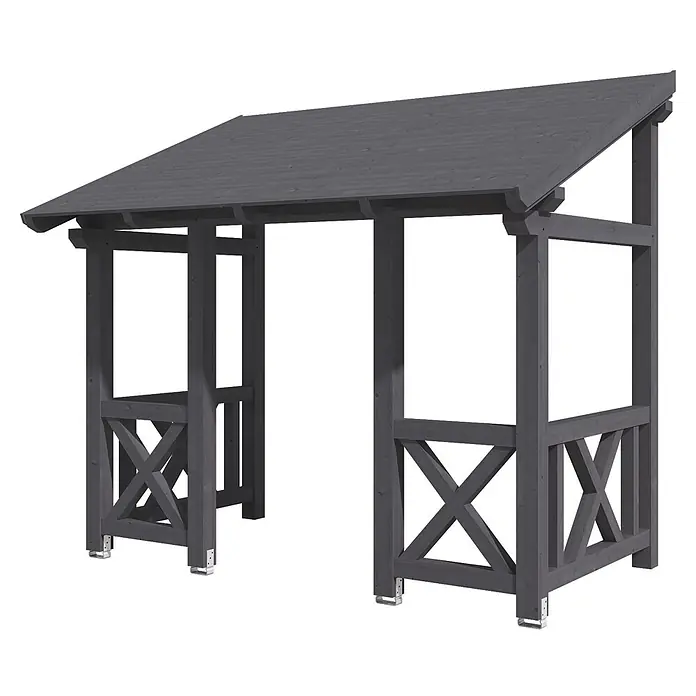 SKAN HOLZ Pultvordach Paderborn 7 - 336 x 202 x 315 cm, Schiefergrau - Dunkelgraue Holzpergola mit schrägem Dach und X-förmigen Seitenpaneelen.
