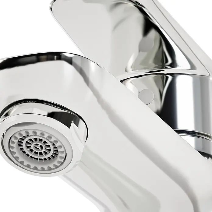 VitrA Flow Soft Waschtischarmatur - Chrom, Höhe: 17 cm, Mit Zugstange - Nahaufnahme einer glänzenden Chrom-Küchen- oder Badarmatur mit weißem Strahlregler.