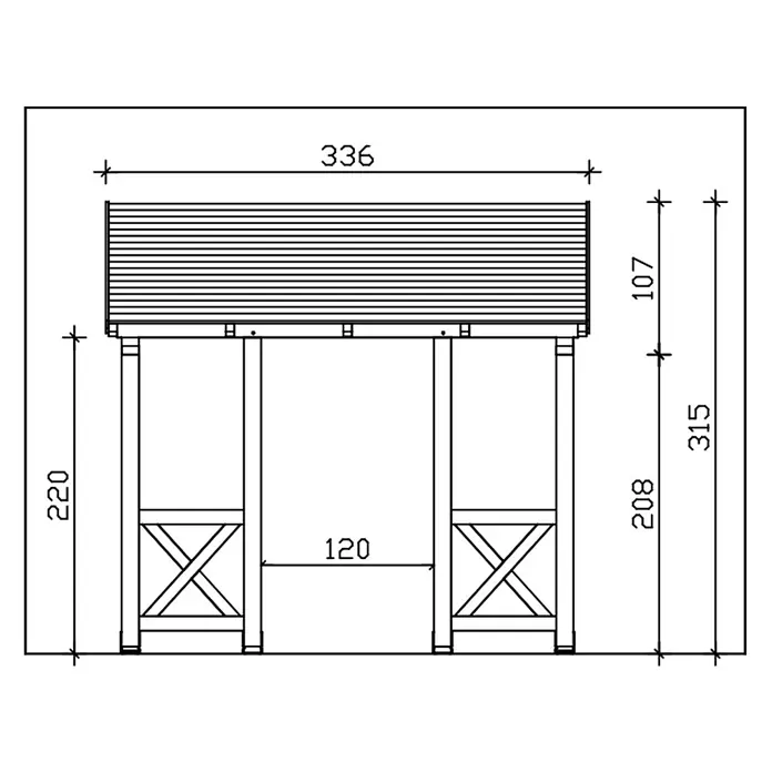 SKAN HOLZ Pultvordach Paderborn 7 - 336 x 202 x 315 cm, Weiß - Technische Zeichnung einer hölzernen Pergola (Vorderansicht) mit Lamellendach und X-Streben, Maße: 336 Breite, 315 Gesamthöhe.