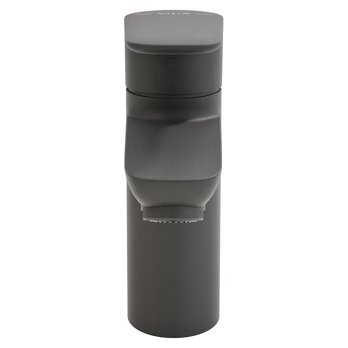 VitrA Flow Soft Waschtischarmatur - Schwarz, Höhe: 15 cm, Ohne Zugstange - Dunkelgraues zylindrisches Smart-Gerät mit „VIRRA“-Logo und Lichtern oben, mit texturierter Basis.