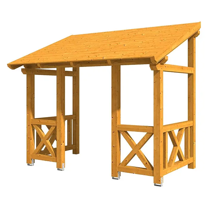 SKAN HOLZ Pultvordach Paderborn 7 - 336 x 202 x 315 cm, Eiche hell - Hellbraune Holzpergola mit Satteldach und Kreuzstreben, für den Außenbereich.