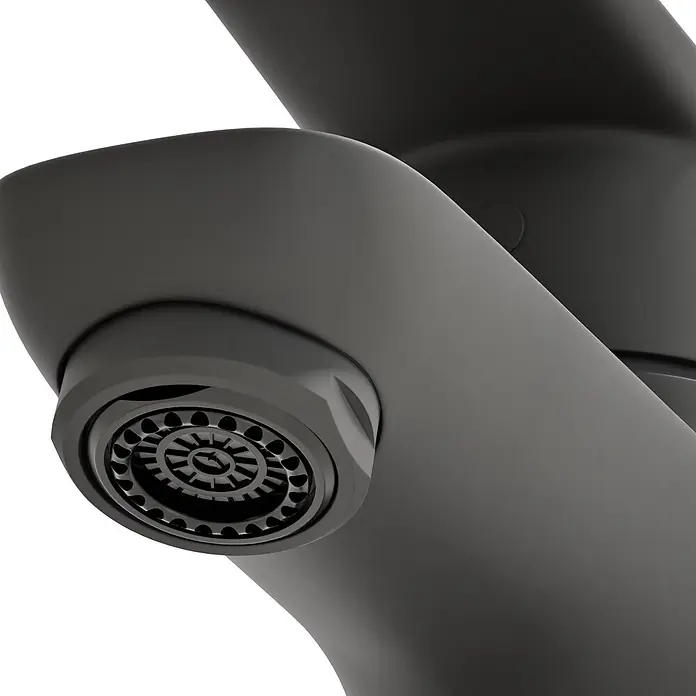 VitrA Flow Soft Waschtischarmatur - Schwarz, Höhe: 15 cm, Ohne Zugstange - Matter dunkelgrauer moderner Wasserhahn-Auslauf mit detailliertem Strahlregler.