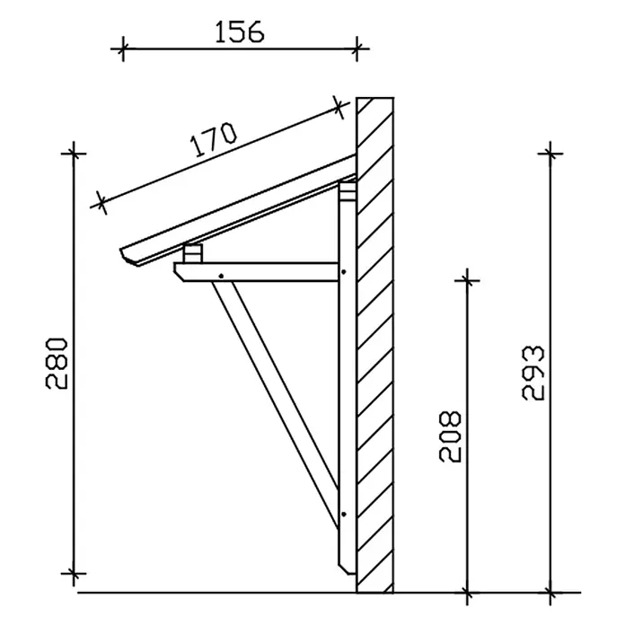 SKAN HOLZ Pultvordach Potsdam 2 - 176 x 156 x 280 cm, Schiefergrau - Technische Zeichnung eines wandmontierten Stützhalters mit schräger Oberseite, inklusive verschiedener Maße.