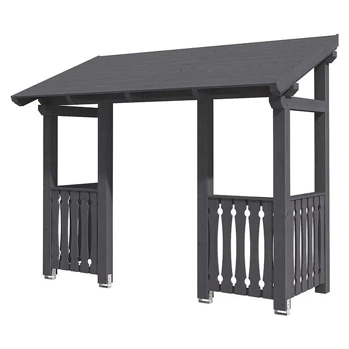 SKAN HOLZ Pultvordach Paderborn 6 - 336 x 156 x 293 cm, Schiefergrau - Dunkelgrauer Holzunterstand mit Schrägdach, dekorativen Seitenleisten und Metallankern am Sockel.